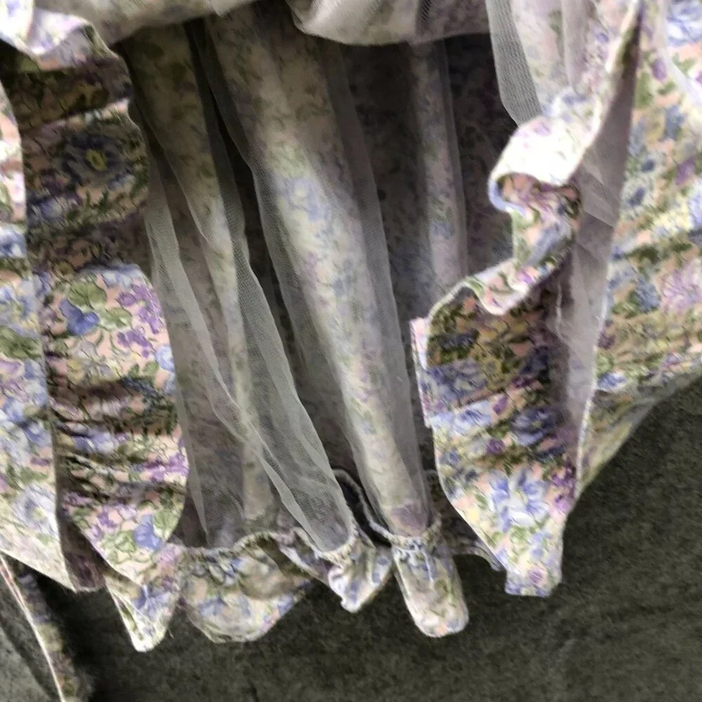 Vintage Girls 6X Floral Dress Puff Sleeve Purple A-Line‎ Prairie Cottagecore 80s